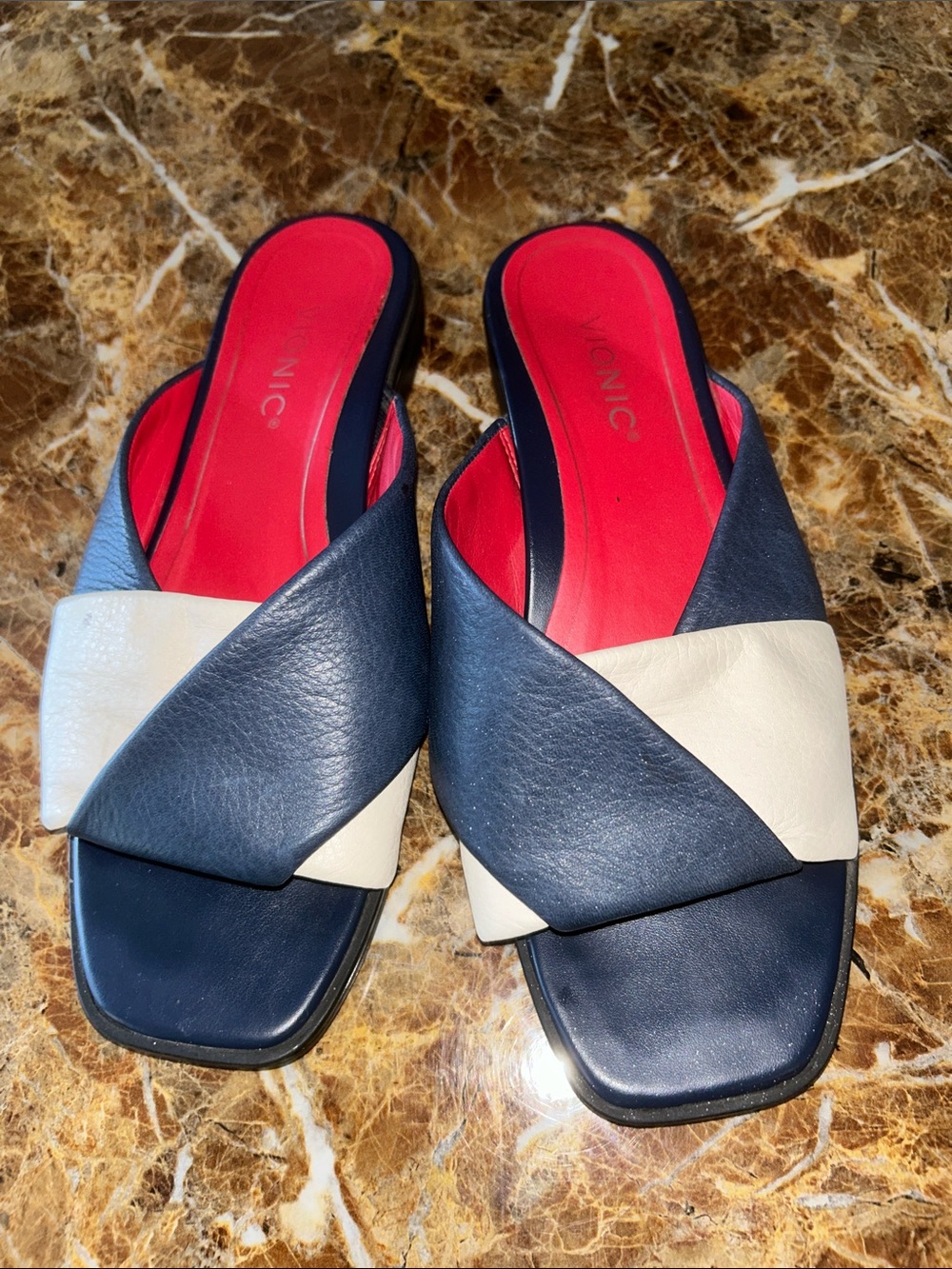 Vionic Navy and White Crisscross Slide Mules with Red Insole